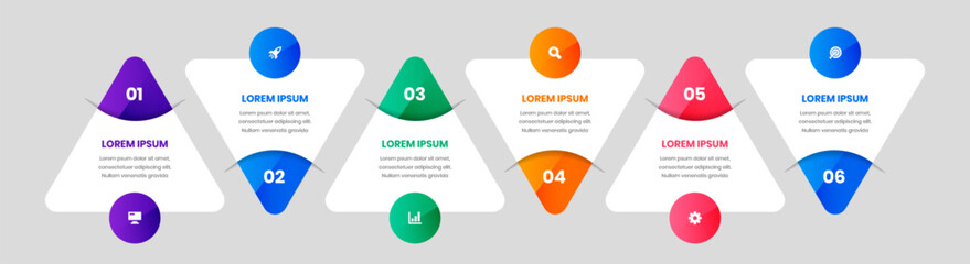 Vector Business Infographic Template with Triangle Label, Icon and 6 Numbers. Suitable for Process Diagram, Presentations, Workflow Layout, Banner, Flow Chart, Infographic