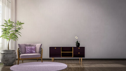 3D Rendering of chair and cabinet front of blank wall