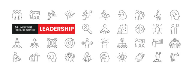 Set of 36 Leadership line icons set. Leadership outline icons with editable stroke collection. Includes Team, Vision, Leader, Goal, Skill, and More.