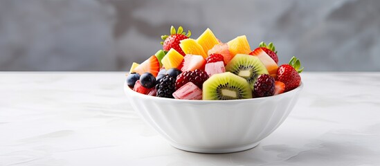 Delicious fruit salads in a bowl on a marble surface.