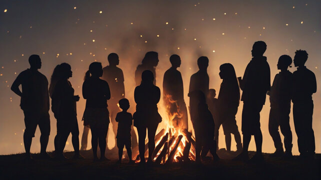 A diverse group of people gathered around a bonfire, each with their own unique stories and experiences to share, silhouette 