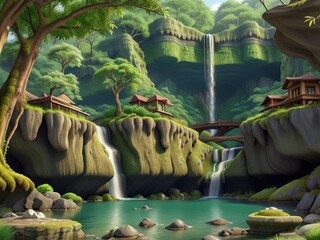 waterfall in the jungle scene