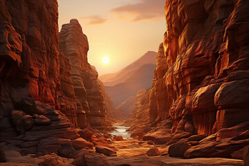 Canyon with sunset between steep rocky cliffs