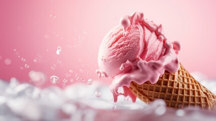 y pink ice cream illustration delicious treat, indulgence sorbet, cone scoop y pink ice cream - Powered by Adobe