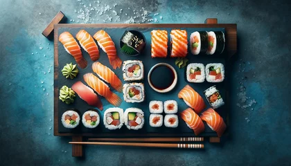 Foto op Plexiglas set of sushi and maki arranged over a blue stone background © eric.rodriguez