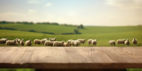 The empty wooden brown table top with blur background of sheep pasture. Exuberant image. generative AI