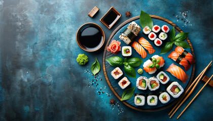 set of sushi and maki arranged over a blue stone background
