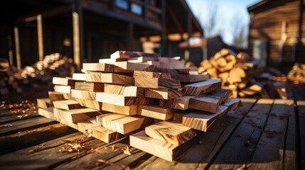 Natural wooden boards and logs at the sawmill