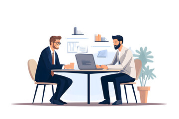 Two business persons working together. Businessman brainstorming and having a discussion with his colleague about new startup project, working on laptop computer at office. Business te. generative AI.
