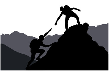 Man help man to climbing mountain. Help and assistance concept. Silhouettes of two people climbing on mountain and helping - obrazy, fototapety, plakaty