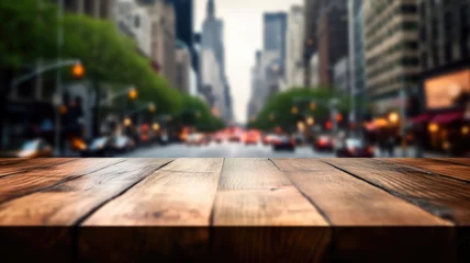 Crédence de cuisine en verre imprimé TAXI de new york The empty wooden table top with blur background of NYC street. Exuberant image. generative AI