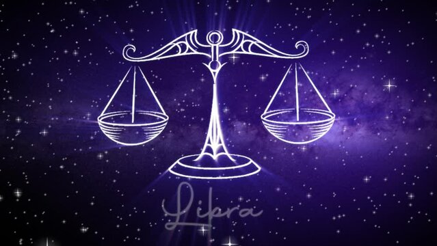 Astrological star sign for Libra, with a shimmering symbol on a deep space background with stars in 3D space and a smooth arcing camera move, in a mystical dark purple and pink color scheme