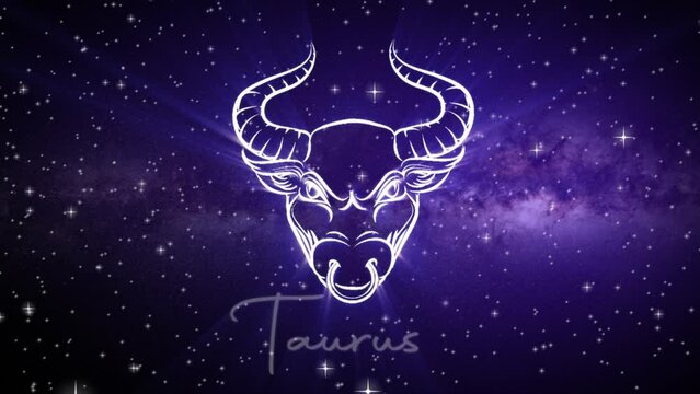 Astrological star sign for Taurus, with a shimmering symbol on a deep space background with stars in 3D space and a smooth arcing camera move, in a mystical dark purple and pink color scheme