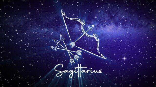 Astrological star sign for Sagittarius, with a shimmering symbol on a deep space background with stars in 3D space and a smooth camera move slowly pushing into a close up, in dark blue and teal colors