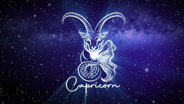 Astrological star sign for Capricorn, with a shimmering symbol on a deep space background with stars in 3D space and a smooth camera move slowly pushing into a close up, in dark blue and teal colors