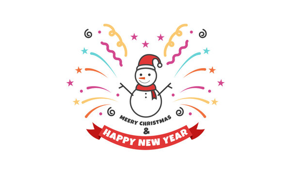 Merry Christmas and happy new year logo with snow man illustration