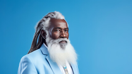 Handsome elderly black African American man with long dreadlocked hair, on a light blue background, banner.