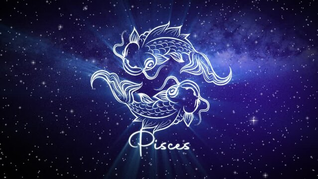 Astrological star sign for Pisces, with a shimmering symbol on a deep space background with stars in 3D space and a smooth camera move slowly pushing into a close up, in dark blue and teal colors