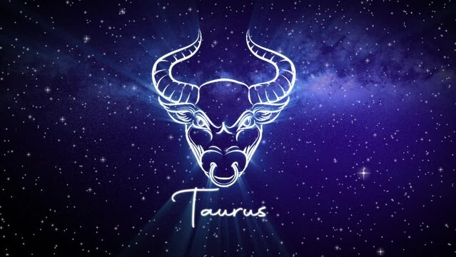 Astrological star sign for Taurus, with a shimmering symbol on a deep space background with stars in 3D space and a smooth camera move slowly pushing into a close up, in dark blue and teal colors