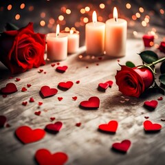 Valentines day romantic background - red roses, candle and hearts