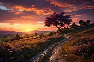 view of a small road in the grassland at sunset