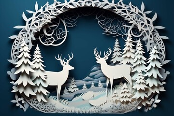 Christmas postcard. Layered paper cut out Christmas frame with white winter pattern on navy blue