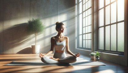 Woman Practicing Meditation in Sunlit Room