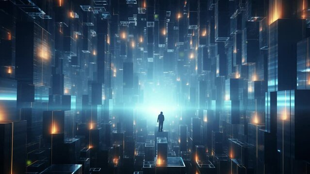Shot of Corridor in Working Data Center Full of Rack Servers and Supercomputers with Internet connection Visualisation Projection. Technology and Business Background