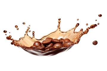Fototapeta premium Milk Brown coffee liquid swirl splash and little bubbles with falling coffee Beans isolated on transparent png background, liquid fluid element flowing in form of wave.