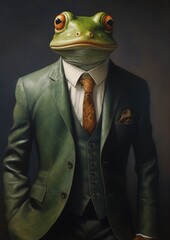 frog dressed suit tie name topical portrait dignified aristocrat half deep large anthropomorphized highest - obrazy, fototapety, plakaty