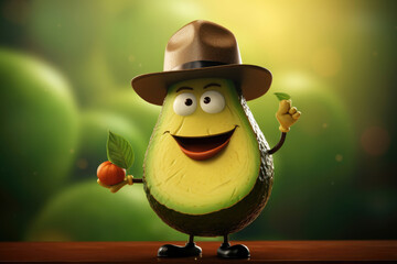 Animated avocado character with a hat, giving a thumbs up, on a warm, bokeh-lit background.