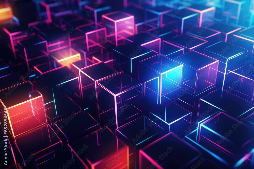 Wall mural 3d rendering of abstract geometric background with neon glowing cubes in dark space, 3D illustration of an abstract background with bokeh lights and mushrooms, AI Generated