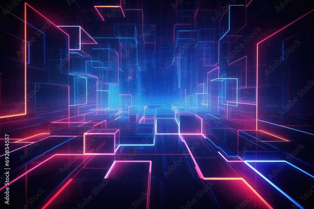 Poster abstract background with glowing neon squares and lines. 3d rendering, 3d illustration of an abstrac