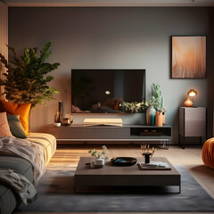 interior of living room with sofa, picture frame, lamp, flower vase, TV