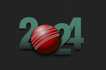 Happy New Year 2024 and cricket ball - obrazy, fototapety, plakaty