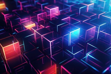 3d rendering of abstract geometric background with neon glowing cubes in dark space, 3D...