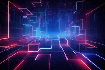 abstract background with glowing neon squares and lines. 3d rendering, 3D illustration of an...
