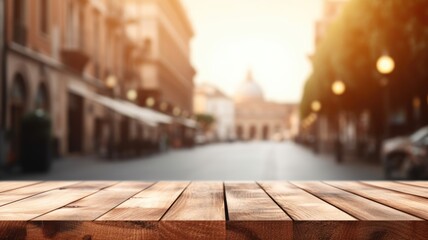 The empty wooden table top with blur background of Rome street. Exuberant image. generative AI - obrazy, fototapety, plakaty