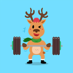 Cartoon character christmas reindeer doing weight training for design.