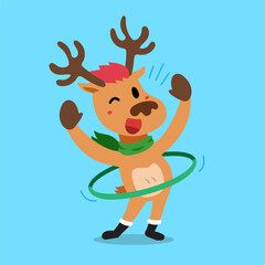 Cartoon character christmas reindeer exercising with hula hoop for design.