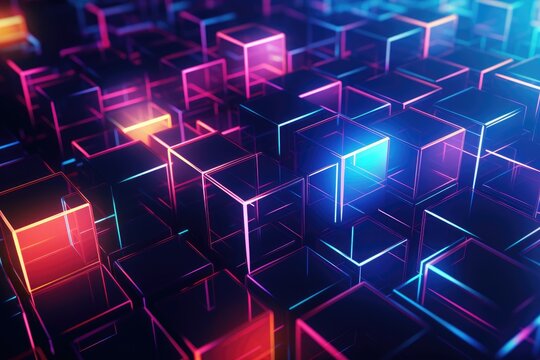 Fototapeta 3d rendering of abstract geometric background with neon glowing cubes in dark space, 3D illustration of an abstract background with bokeh lights and mushrooms, AI Generated