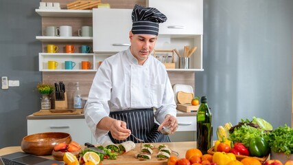 chef make tortilla wrap vegetable salad slice by knife on cutting board and mix sour salad dressing...