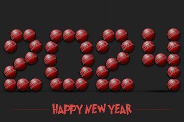 Happy New Year 2024 and cricket ball - obrazy, fototapety, plakaty