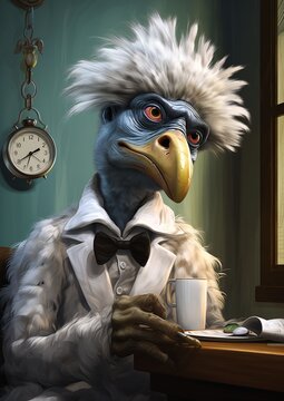bird dressed suit tie drinking coffee concept creature illustration streaming people mohawks crack head alarm clock bald eagle avian