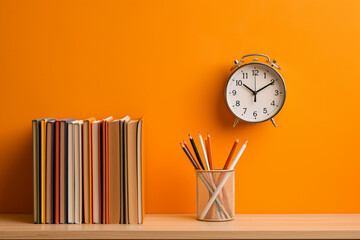 clock pencils and books with orange wall background 