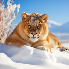 Tigre dente de sabre deitado na neve em um dia ensolarado - Papel de parede  - obrazy, fototapety, plakaty