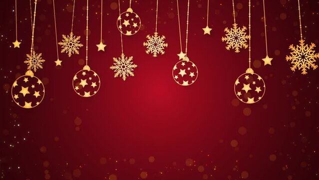 Christmas Background with Gold Balls and Snowflakes, Merry Christmas Ornaments Hanging Red Background