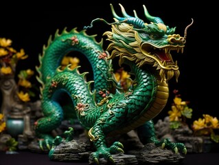Fototapeta premium Chinese emerald dragon figure, vivid color background