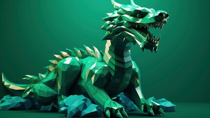 Chinese emerald low poly dragon figure, vivid color background