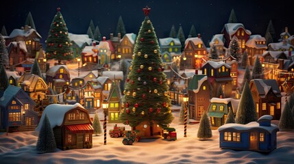 Diorama of a christmas at a village with christmas trees